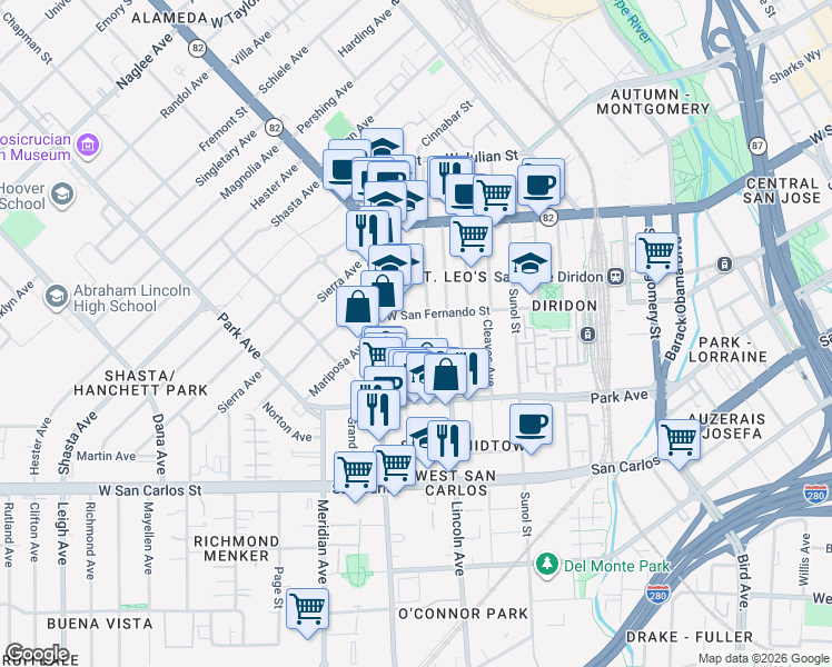 map of restaurants, bars, coffee shops, grocery stores, and more near 169 Rainier Street in San Jose