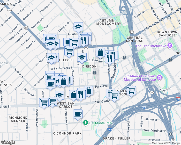 map of restaurants, bars, coffee shops, grocery stores, and more near 835 Georgetown Place in San Jose