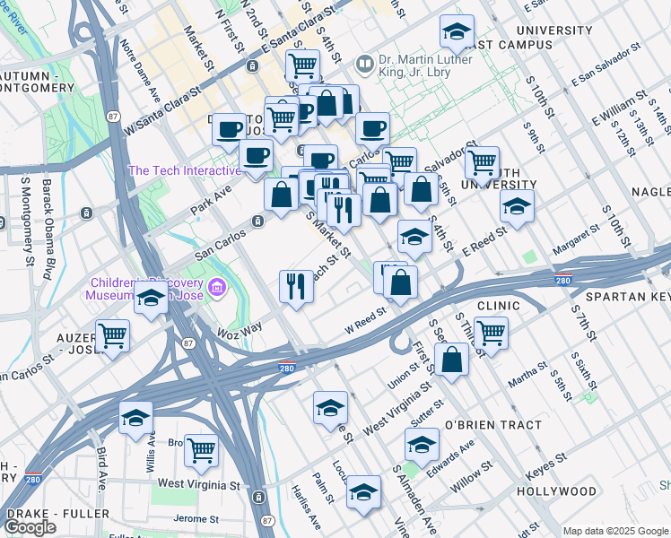 map of restaurants, bars, coffee shops, grocery stores, and more near 129 West William Street in San Jose