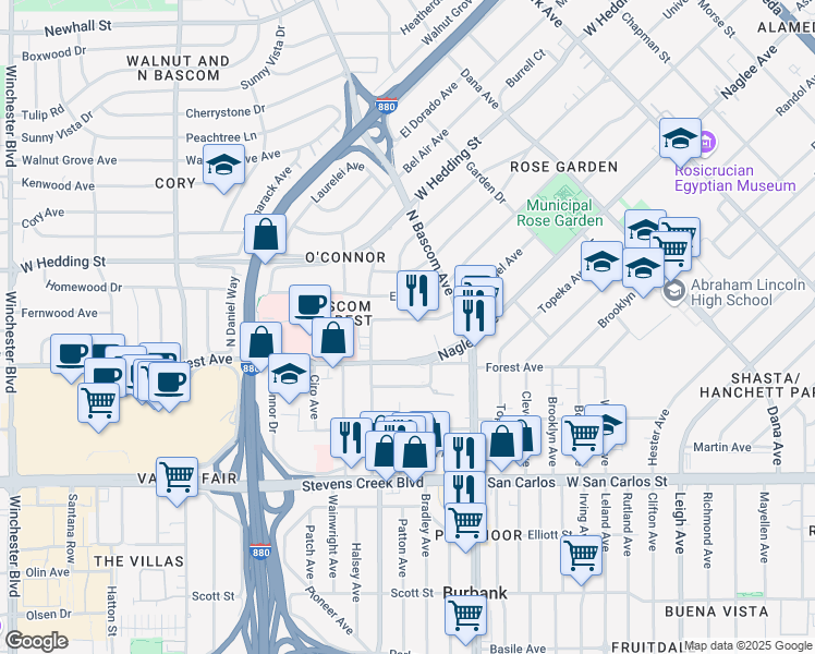 map of restaurants, bars, coffee shops, grocery stores, and more near 2063 Forest Avenue in San Jose