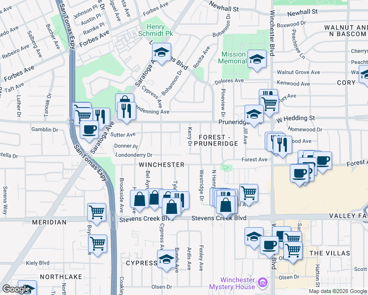 map of restaurants, bars, coffee shops, grocery stores, and more near 3374 Londonderry Place in Santa Clara