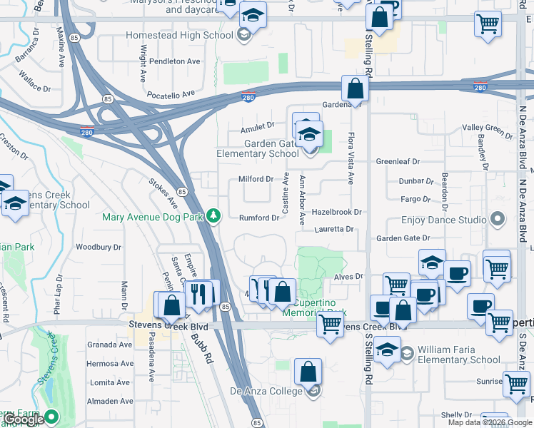 map of restaurants, bars, coffee shops, grocery stores, and more near 10184 Parkwood Drive in Cupertino