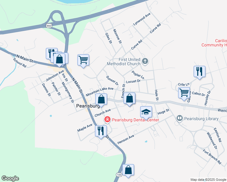 map of restaurants, bars, coffee shops, grocery stores, and more near 734 Mountain Lake Avenue in Pearisburg