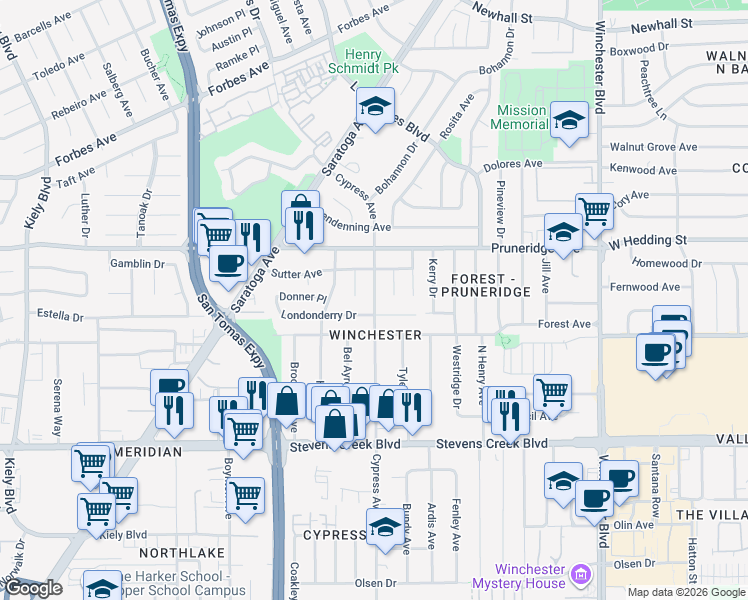 map of restaurants, bars, coffee shops, grocery stores, and more near 3484 Londonderry Drive in Santa Clara