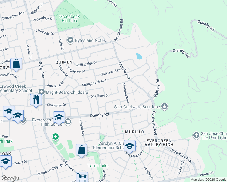 map of restaurants, bars, coffee shops, grocery stores, and more near 3626 Deedham Drive in San Jose