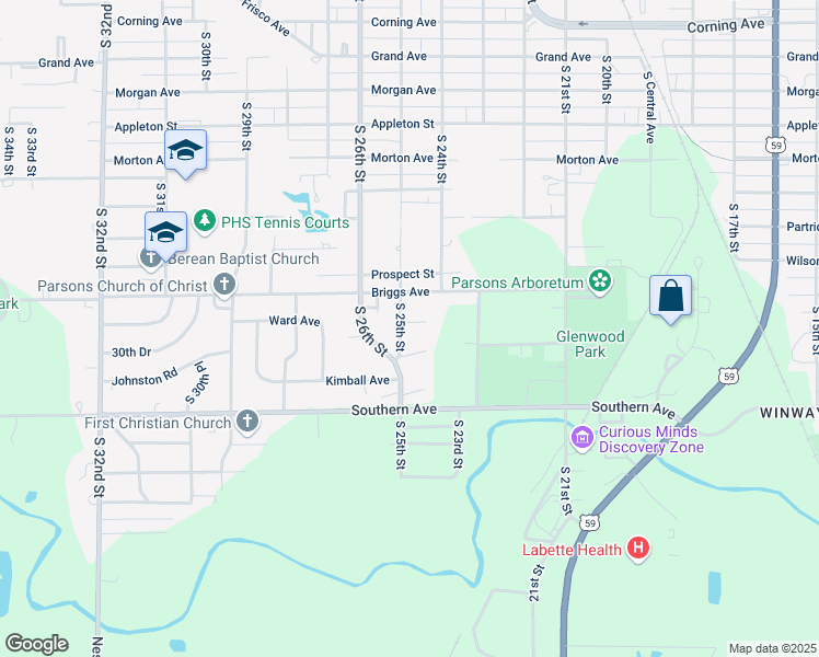 map of restaurants, bars, coffee shops, grocery stores, and more near 2418 Cardinal Lane in Parsons
