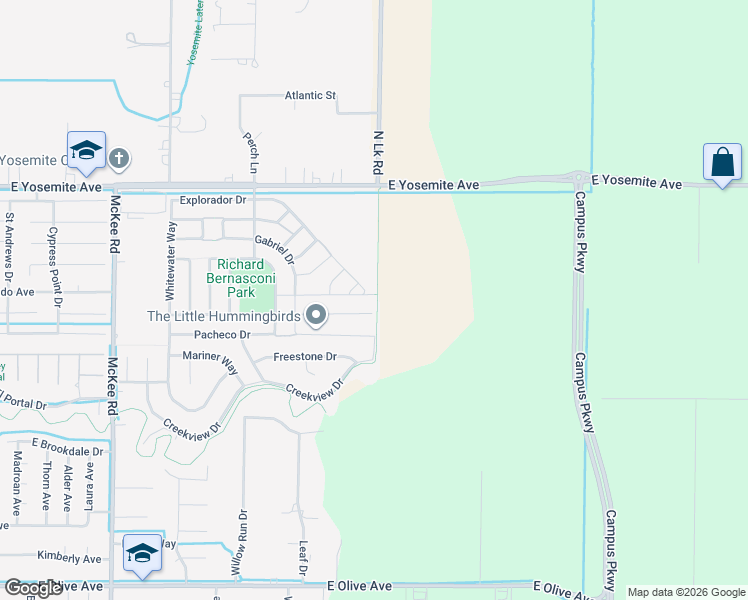 map of restaurants, bars, coffee shops, grocery stores, and more near 2494 Valdes Drive in Merced