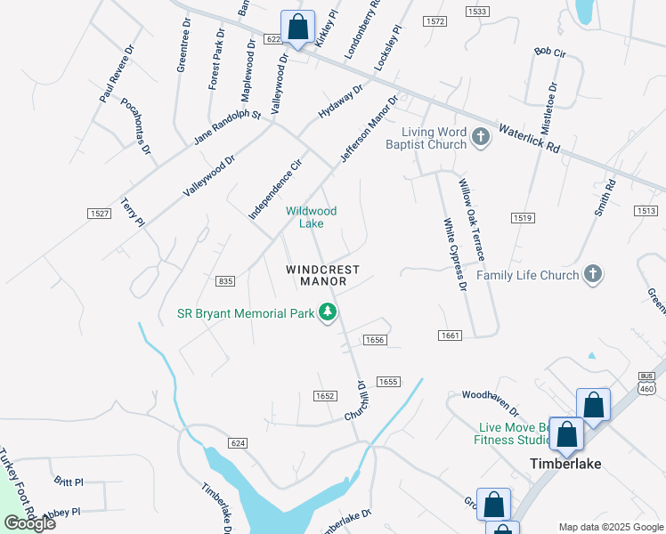 map of restaurants, bars, coffee shops, grocery stores, and more near 175 Bumgarner Drive in Forest