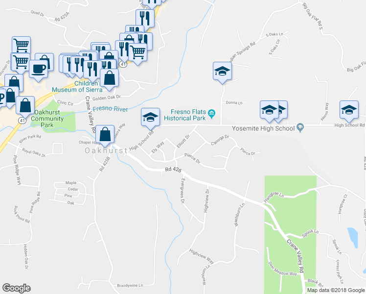 map of restaurants, bars, coffee shops, grocery stores, and more near 40901 Elliott Drive in Oakhurst