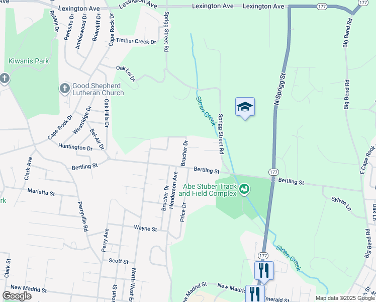 map of restaurants, bars, coffee shops, grocery stores, and more near 1129 Mahy Drive in Cape Girardeau