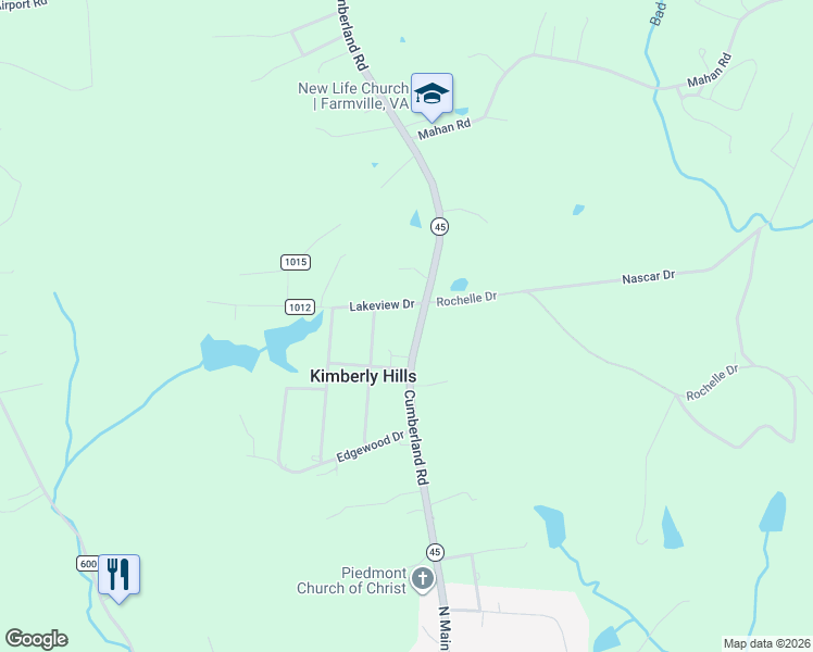 map of restaurants, bars, coffee shops, grocery stores, and more near 1597 Cumberland Road in Farmville