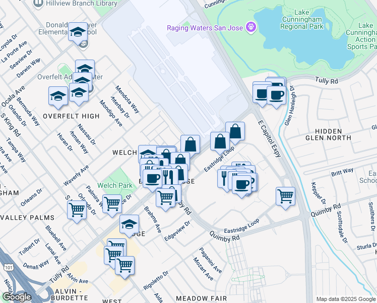 map of restaurants, bars, coffee shops, grocery stores, and more near 2255 Tully Road in San Jose