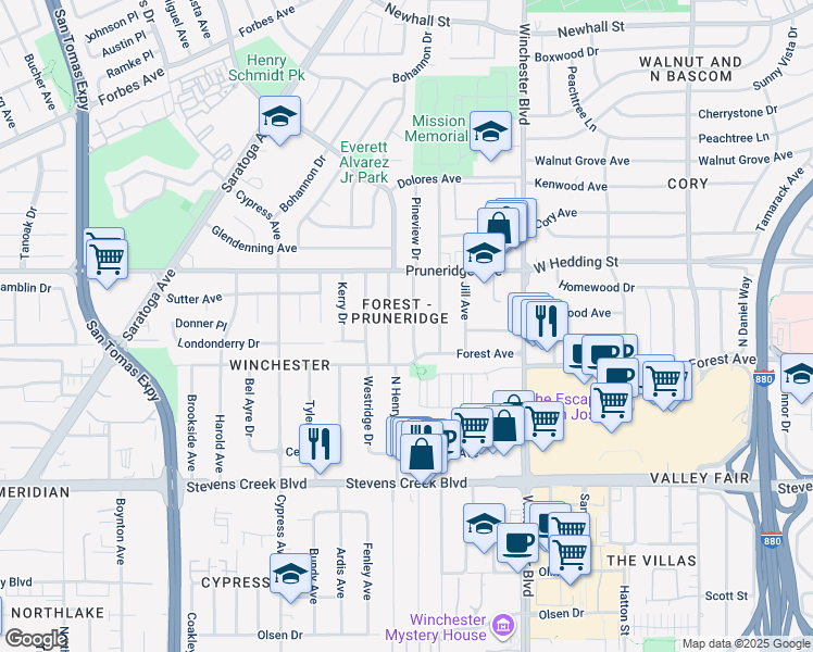 map of restaurants, bars, coffee shops, grocery stores, and more near 623 Pineview Drive in San Jose