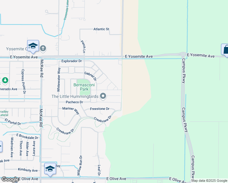 map of restaurants, bars, coffee shops, grocery stores, and more near 2474 Valdes Drive in Merced