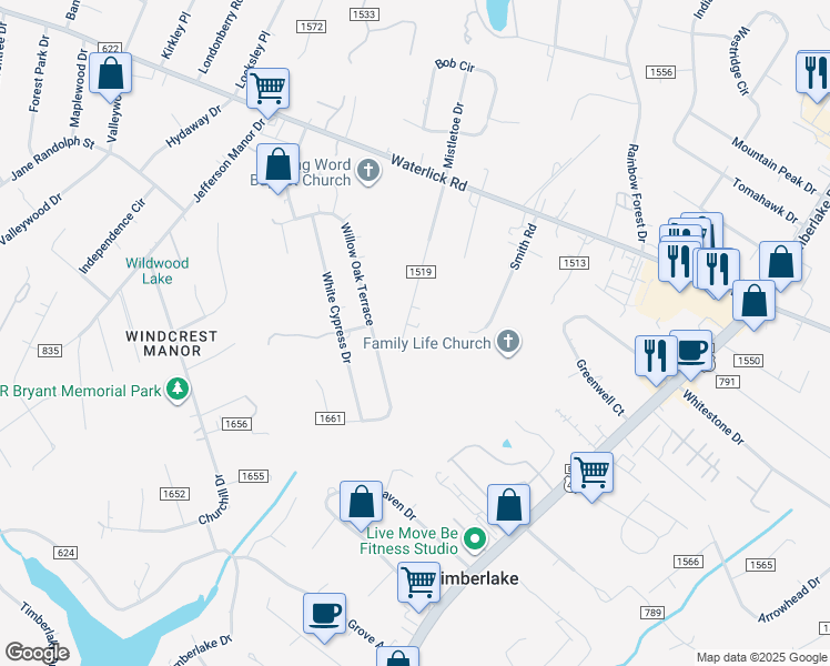 map of restaurants, bars, coffee shops, grocery stores, and more near 330 Barbour Drive in Forest