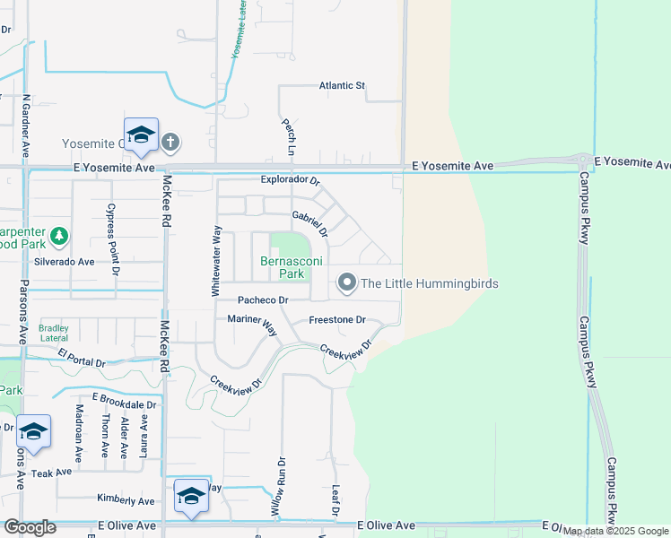 map of restaurants, bars, coffee shops, grocery stores, and more near 3634 Jardin Way in Merced