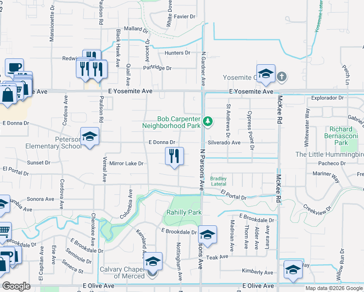 map of restaurants, bars, coffee shops, grocery stores, and more near 3486 Cascade Creek Avenue in Merced
