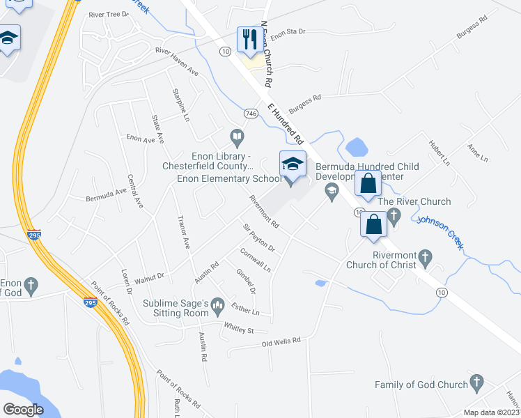 map of restaurants, bars, coffee shops, grocery stores, and more near 14513 Rivermont Road in Chester