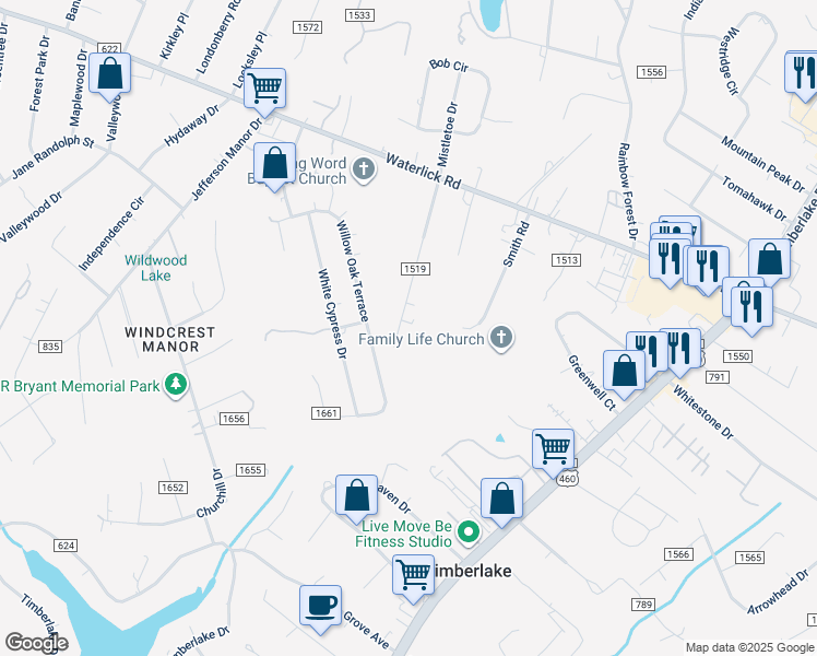 map of restaurants, bars, coffee shops, grocery stores, and more near 330 Barbour Drive in Forest