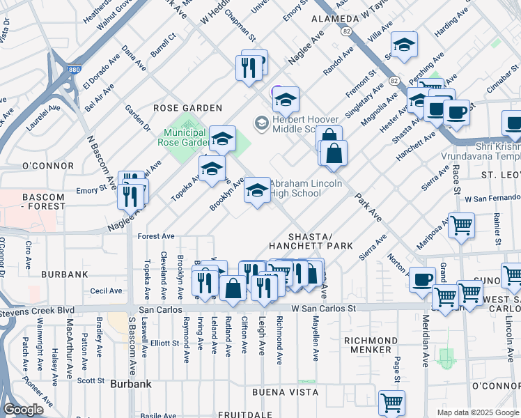 map of restaurants, bars, coffee shops, grocery stores, and more near 555 Dana Avenue in San Jose