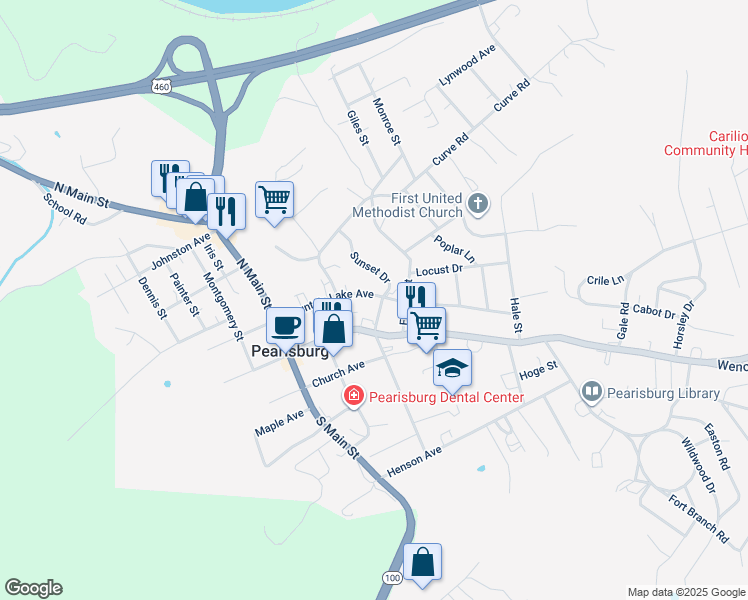 map of restaurants, bars, coffee shops, grocery stores, and more near 734 Mountain Lake Avenue in Pearisburg