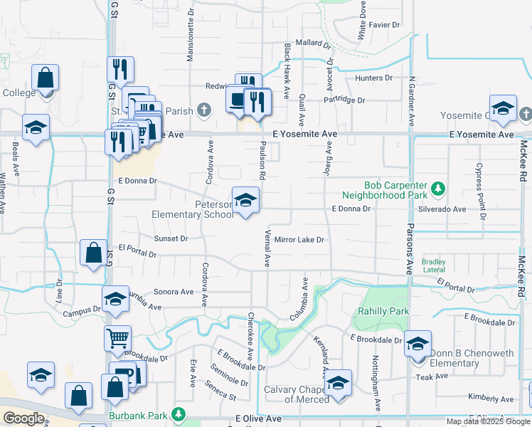 map of restaurants, bars, coffee shops, grocery stores, and more near 1030 East Donna Drive in Merced