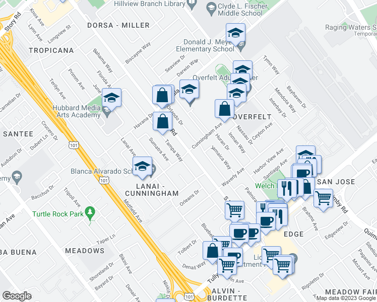 map of restaurants, bars, coffee shops, grocery stores, and more near South King Road & Cunningham Avenue in San Jose
