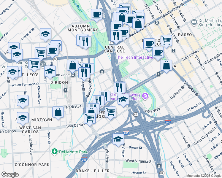 map of restaurants, bars, coffee shops, grocery stores, and more near 410 Park Avenue in San Jose