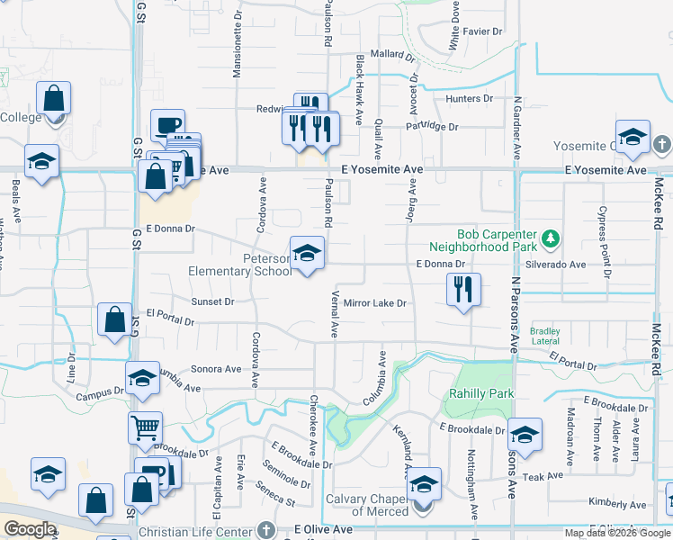 map of restaurants, bars, coffee shops, grocery stores, and more near 1032 Deerfield Court in Merced