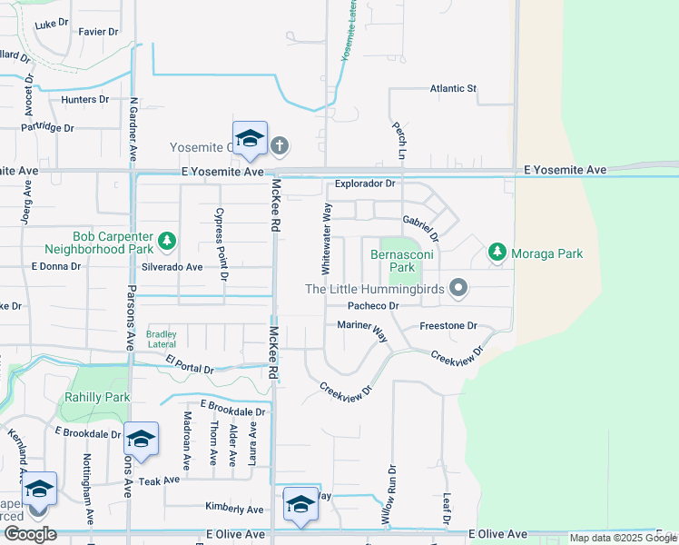 map of restaurants, bars, coffee shops, grocery stores, and more near 3735 Magellan Drive in Merced
