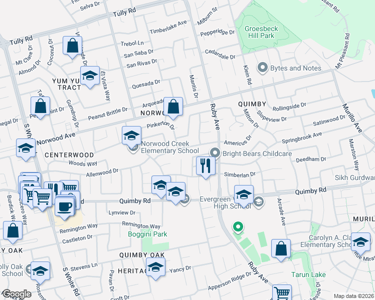 map of restaurants, bars, coffee shops, grocery stores, and more near 3326 Kuykendall Place in San Jose