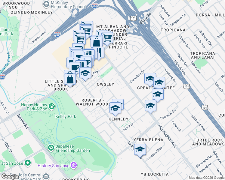map of restaurants, bars, coffee shops, grocery stores, and more near 1058 Walnut Woods Court in San Jose
