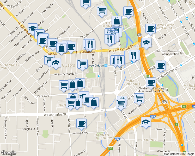 map of restaurants, bars, coffee shops, grocery stores, and more near 65 Cahill Street in San Jose