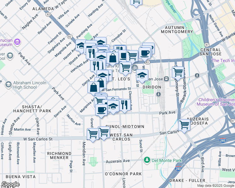map of restaurants, bars, coffee shops, grocery stores, and more near 94 South Keeble Avenue in San Jose