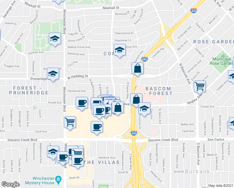 map of restaurants, bars, coffee shops, grocery stores, and more near 711 North Genevieve Lane in San Jose