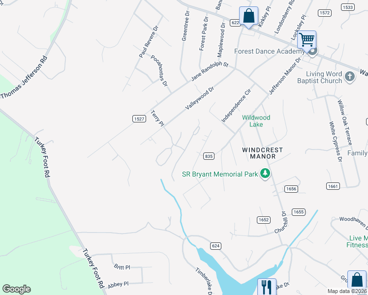 map of restaurants, bars, coffee shops, grocery stores, and more near 201 Gooseneck Court in Forest