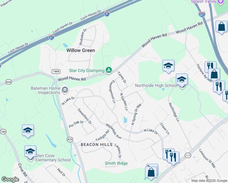 map of restaurants, bars, coffee shops, grocery stores, and more near 5459 Eveningwood Lane Northwest in Roanoke