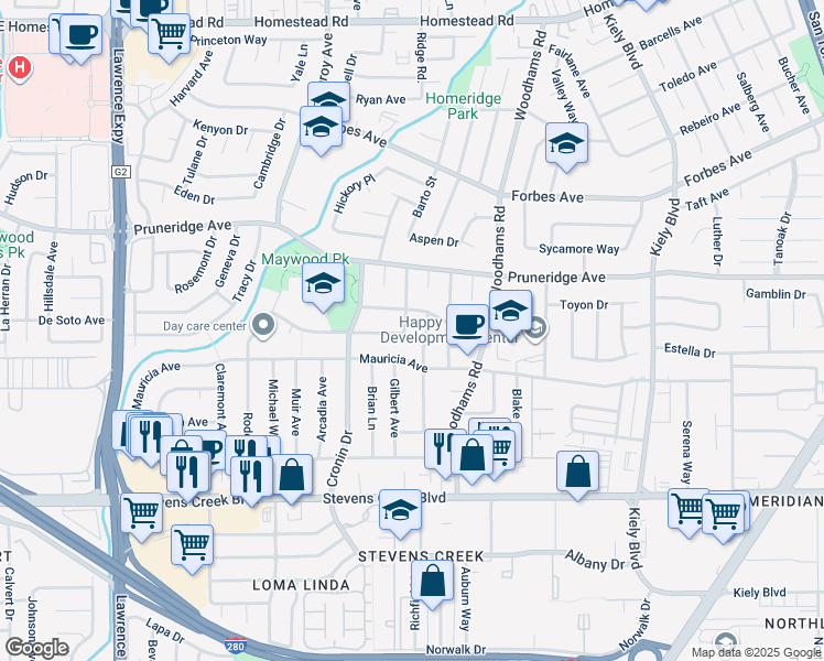 map of restaurants, bars, coffee shops, grocery stores, and more near 325 Burnett Avenue in Santa Clara