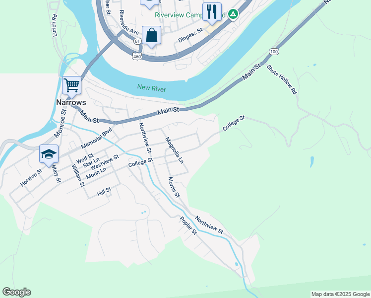 map of restaurants, bars, coffee shops, grocery stores, and more near 1109 College Street in Narrows