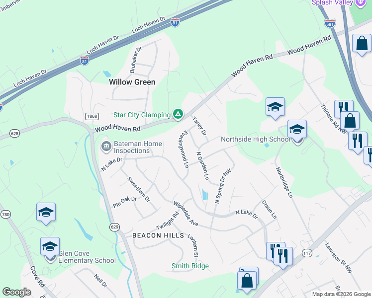 map of restaurants, bars, coffee shops, grocery stores, and more near 5459 Eveningwood Lane Northwest in Roanoke