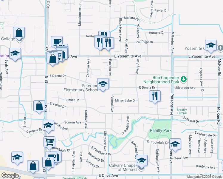 map of restaurants, bars, coffee shops, grocery stores, and more near 1030 East Donna Drive in Merced