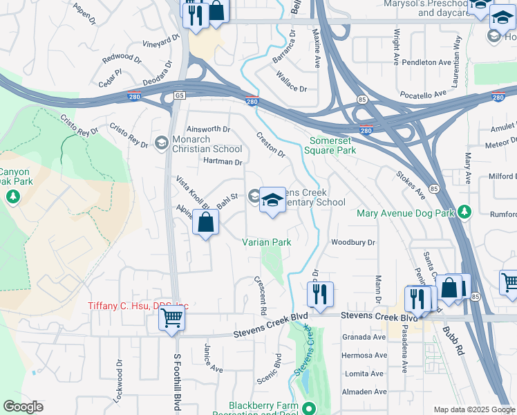 map of restaurants, bars, coffee shops, grocery stores, and more near 10300 Ainsworth Drive in Cupertino