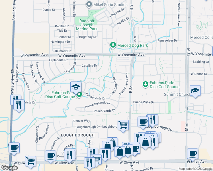 map of restaurants, bars, coffee shops, grocery stores, and more near 1265 La Playa Court in Merced