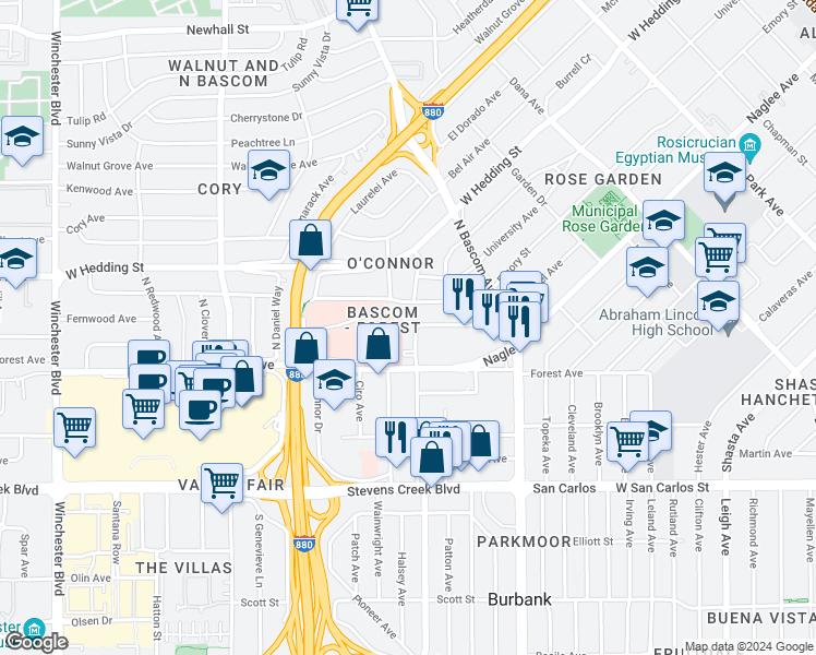 map of restaurants, bars, coffee shops, grocery stores, and more near 395 Bellerose Drive in San Jose
