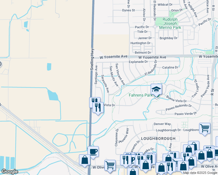 map of restaurants, bars, coffee shops, grocery stores, and more near 3546 Sarasota Avenue in Merced