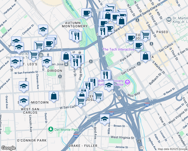 map of restaurants, bars, coffee shops, grocery stores, and more near 431 Park Avenue in San Jose