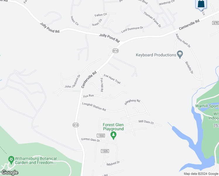 map of restaurants, bars, coffee shops, grocery stores, and more near 6021 Fox Den in Williamsburg