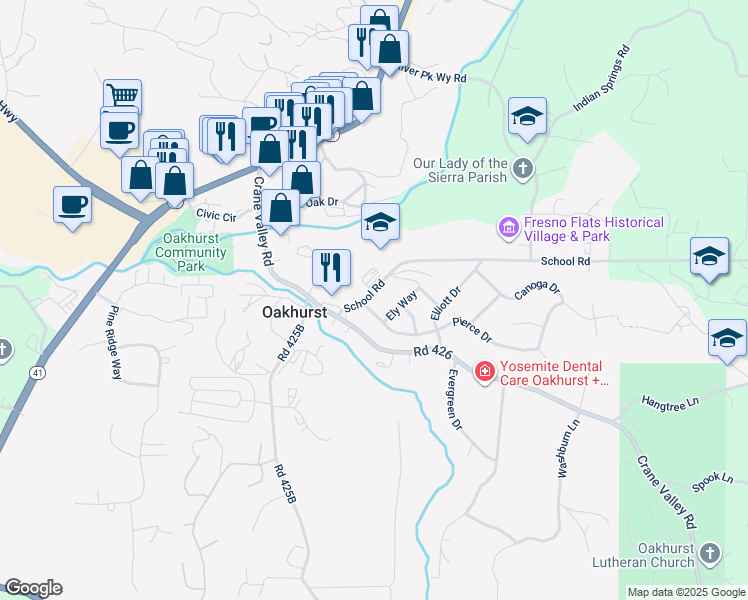 map of restaurants, bars, coffee shops, grocery stores, and more near 49495 High School Road in Oakhurst