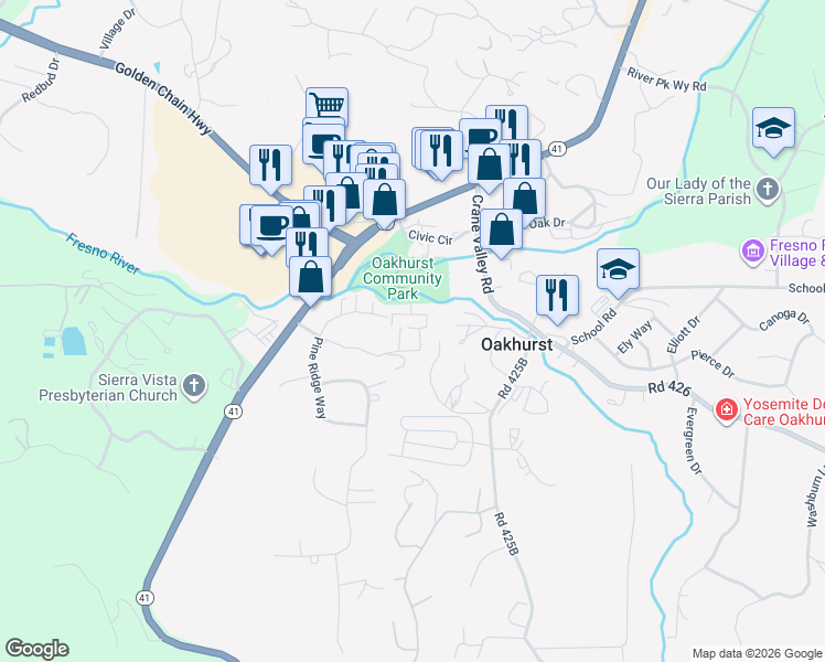 map of restaurants, bars, coffee shops, grocery stores, and more near Unnamed Road in Oakhurst