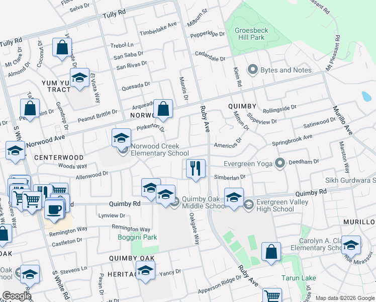 map of restaurants, bars, coffee shops, grocery stores, and more near 3253 Adamswood Drive in San Jose